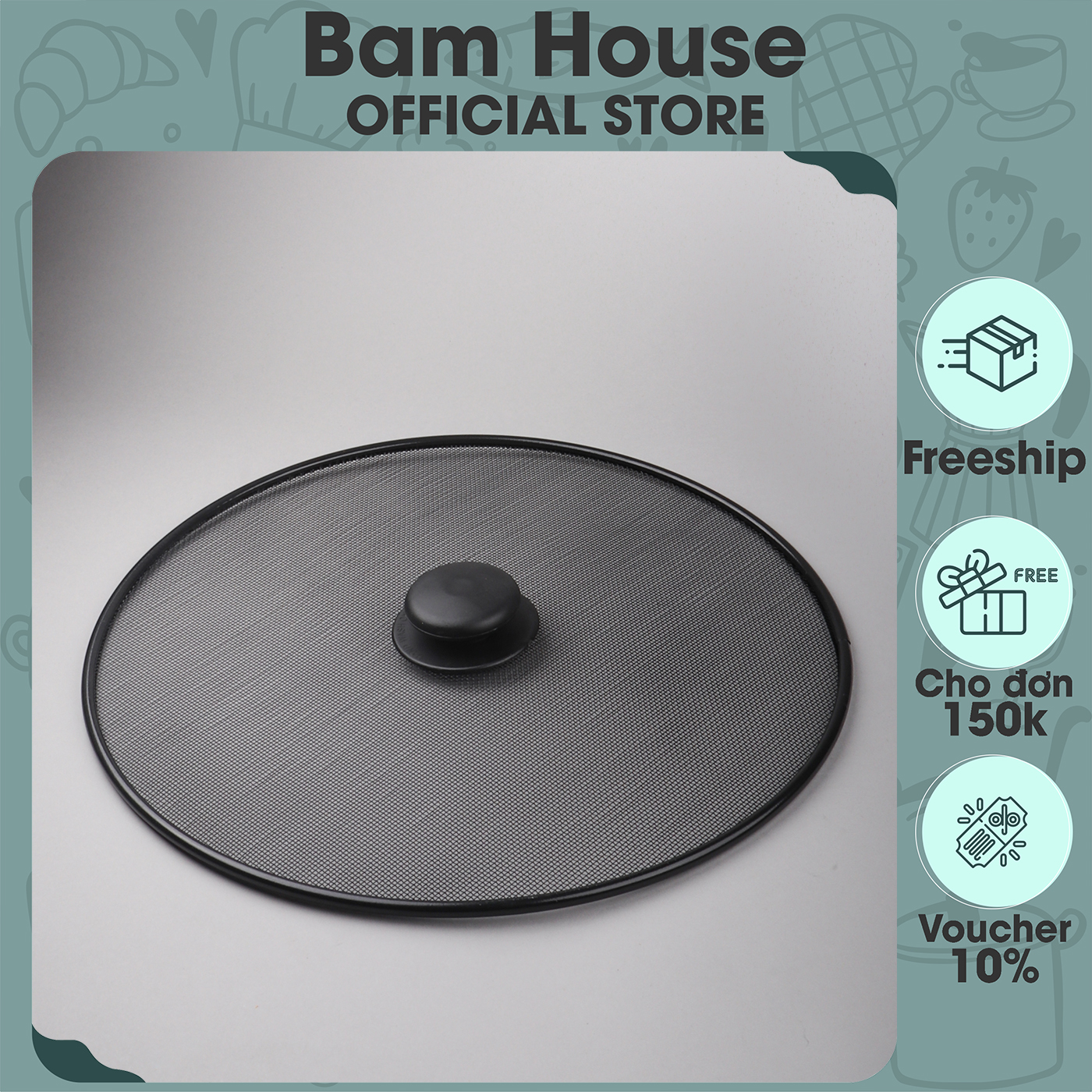 Nắp lưới đen đậy chảo chống văng dầu mỡ inox Bam House loại lớn cao cấp NLD01