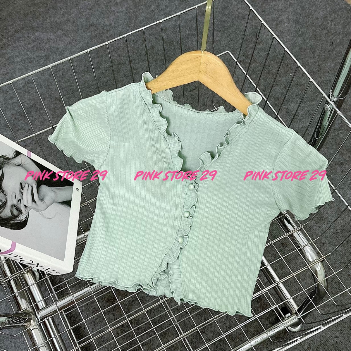 Áo Croptop Tay Ngắn PINKSTORE29 Viền Bèo Cúc Ngọc A5042