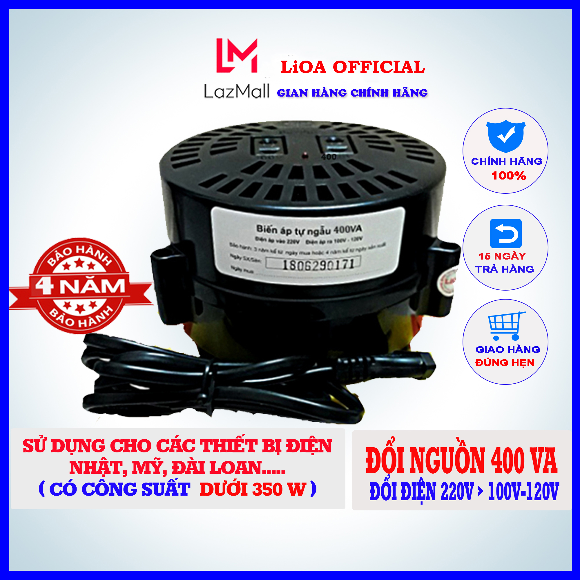 Đổi nguồn Lioa 400VA, biến áp tự ngẫu DN004, đổi điện 220v sang 100v-120v, dùng cho các thiết bị điện có công suất dưới 350W