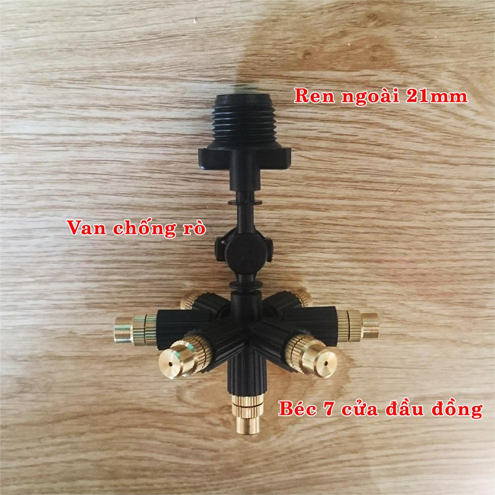 Béc phun sương 7 cửa đầu đồng chân ren 21 có van áp - Bộ 4 béc