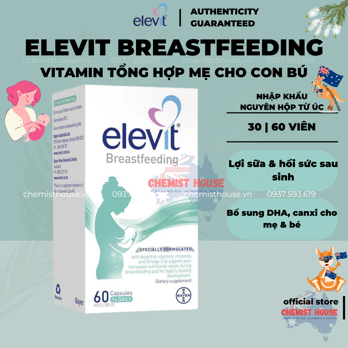 Viên uống lợi sữa cho Mẹ sau sinh 60 viên - Lợi Sữa Giúp Gọi Sữa Về ,Thông Tắc Tuyến Sữa Elevit Breastfeeding Multivitamin