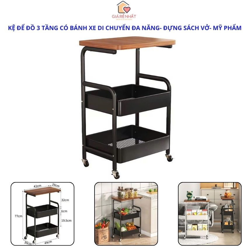 Kệ Để Đồ 3 Tầng Có Bánh Xe Di Chuyển Đa Năng, Đựng Đồ Nhà Bếp, Sapa Mỹ Phẩm, Sách Vở