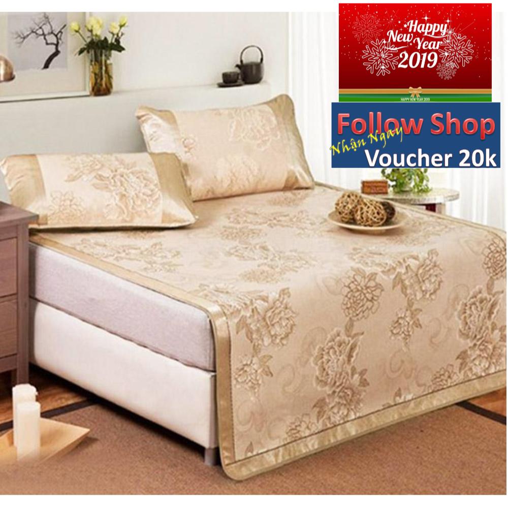 Chiếu lụa Điều Hòa 3D Hoa Hồng - Kèm 2 Áo gối và túi đựng có quai xách ( Đủ 4 màu)