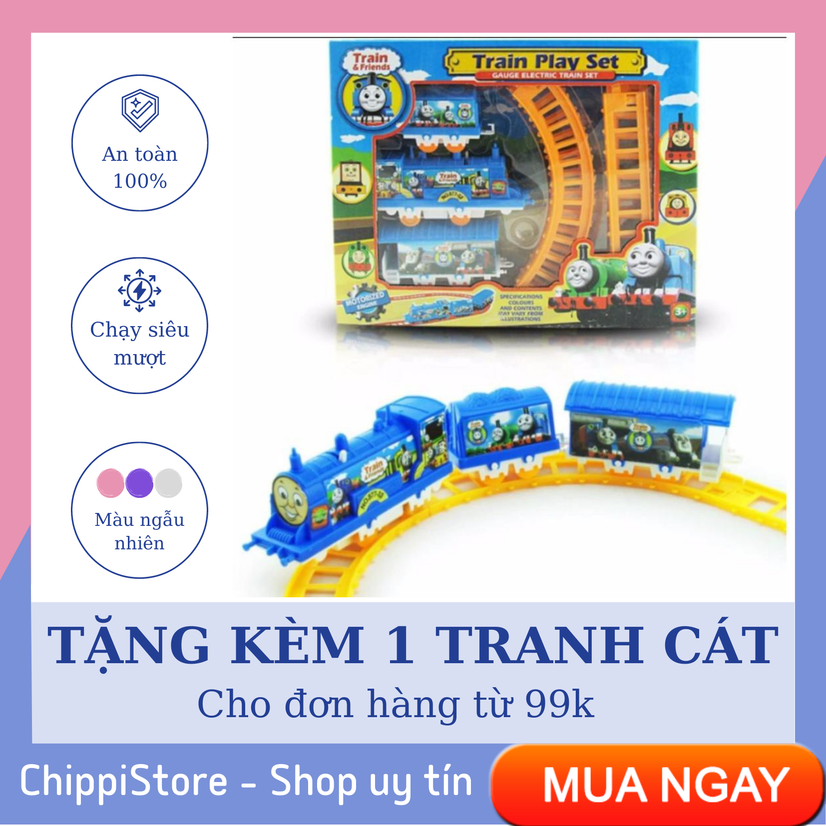 Đoàn tàu xe lửa, đoàn tàu đồ chơi đầu kéo 3 toa trên đường ray tặng kèm pin