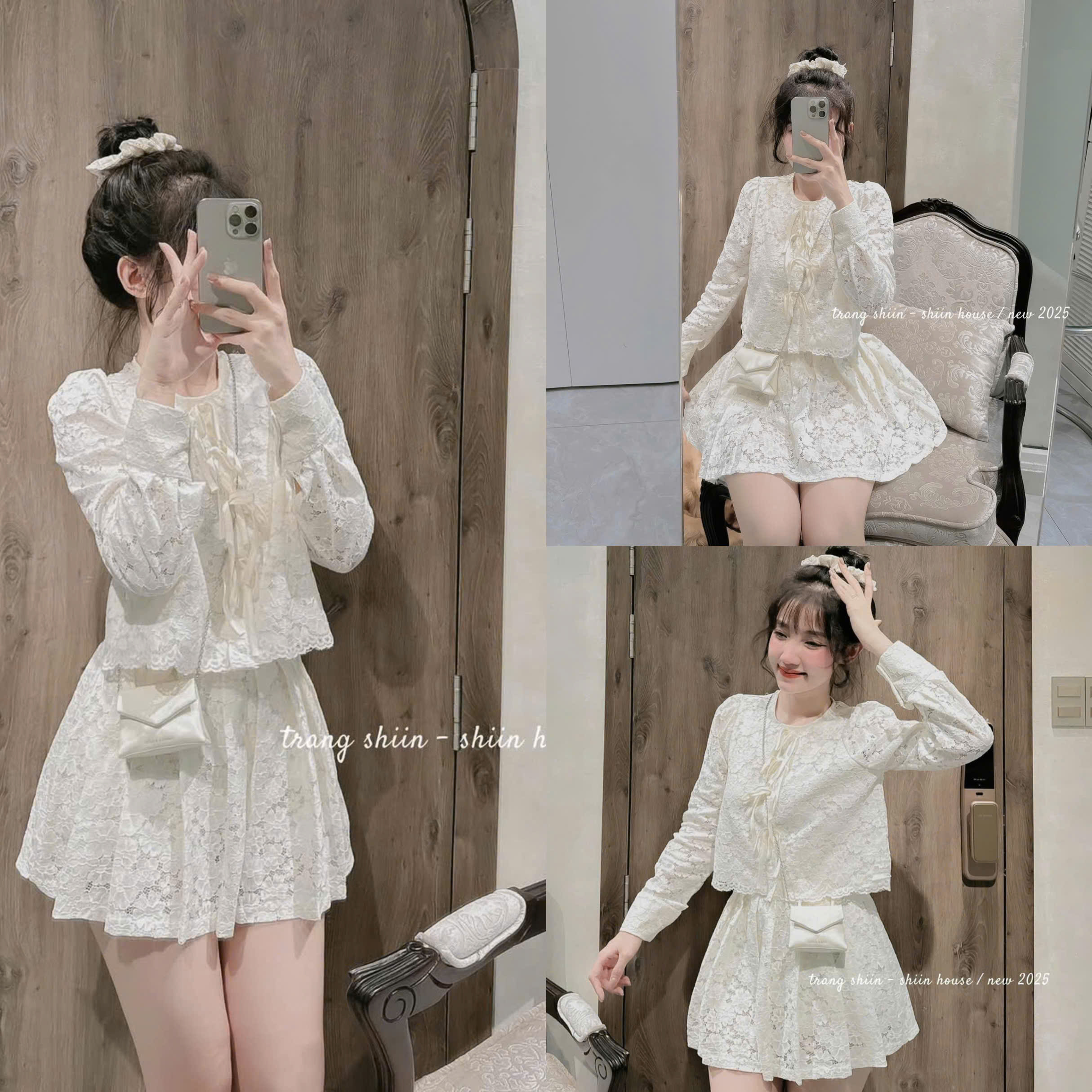 Set váy tiểu thư chất ren cao cấp áo cổ tròn tay dài chân váy ngắn xoè có lót quần kính đáo dày dặn