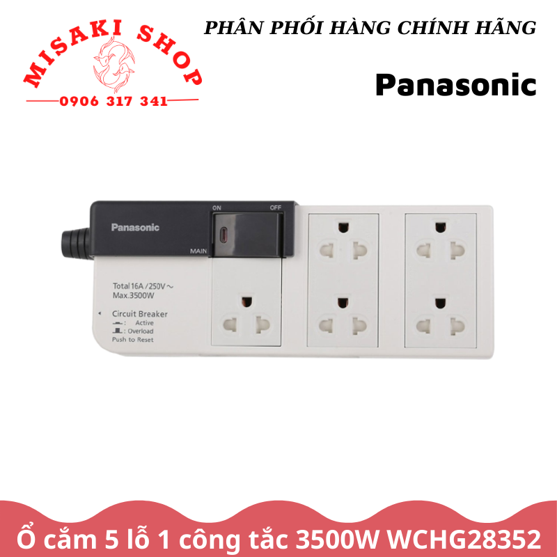 Ổ cắm điện 5 lỗ 1 công tắc 3500w wchg28352 panasonic an toàn / bền / xịn | misakishop