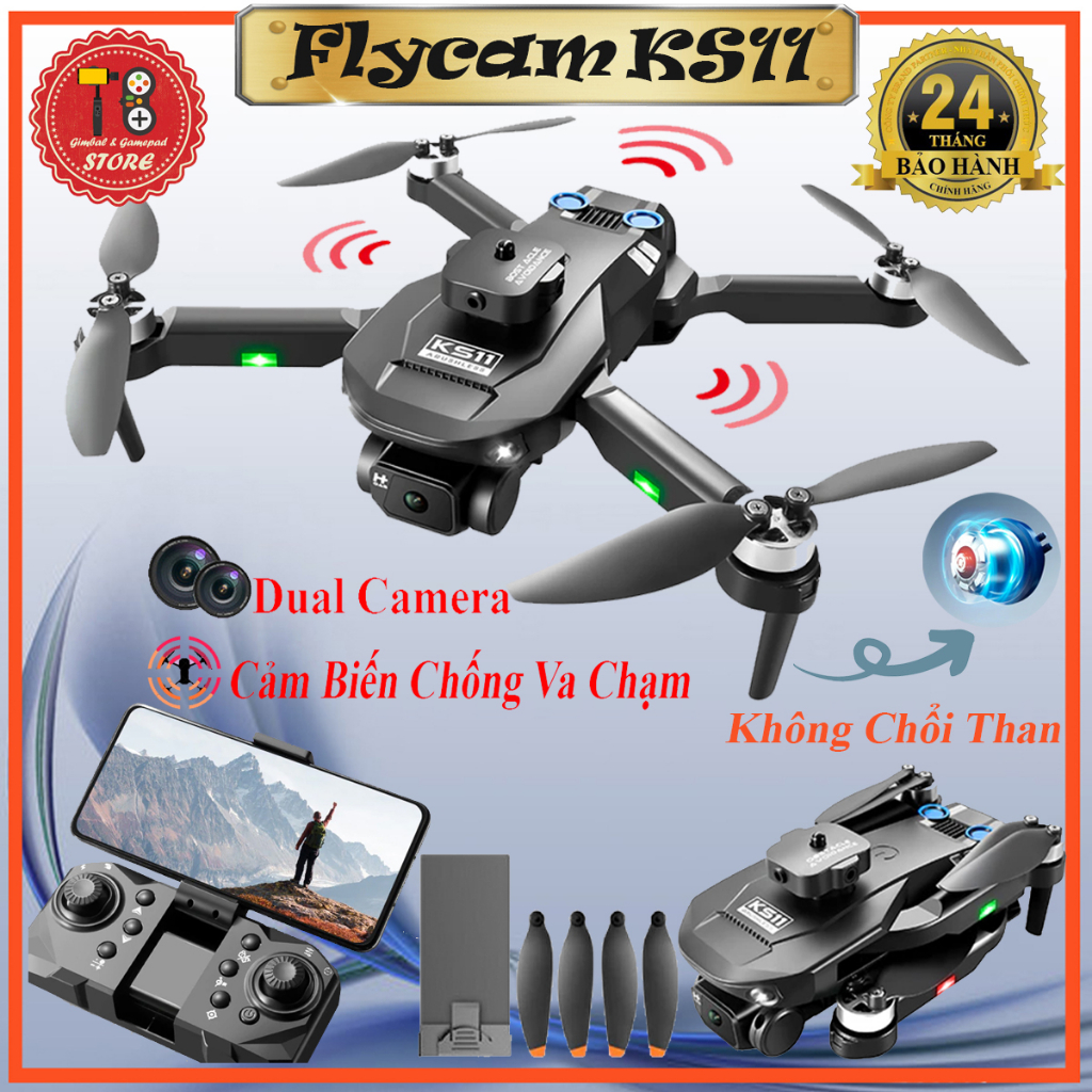 Flycam mini KS11 động cơ không chổi than - 2 camera quay phim chụp ảnh ful HD, Plycam điều khiển từ xa có cảm biến va chạm, Dung lượng pin trâu