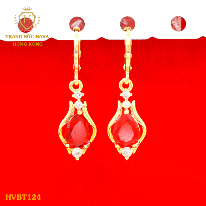 Khuyên Tai, Bông Tai Nữ Dáng Dài Mặt Đính Đá Màu Đỏ, Titan Xi Mạ Vàng Non 24k Thật Cao Cấp (Không Bị Xỉn Đen) - Trang Sức Hava Hong Kong