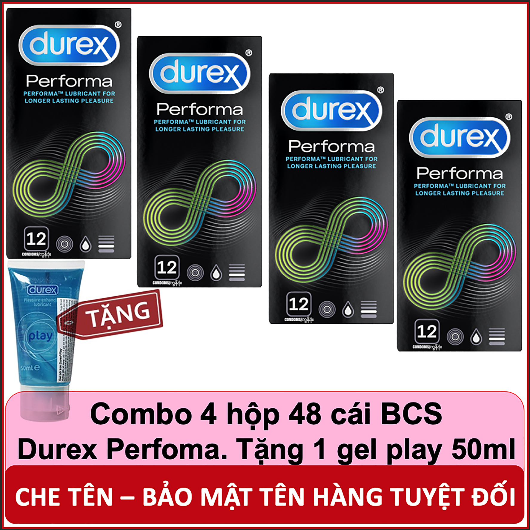 Combo 4 Hộp 48 Cái Bao Cao Su Kéo Dài Cuộc Yêu Durex Performa + 1 Tuýt Gel Bôi Trơn Durex Play
