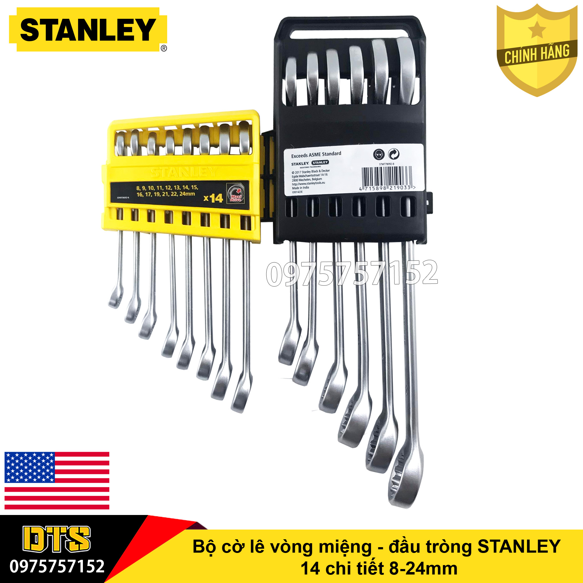 Bộ cờ lê cao cấp STANLEY vòng miệng - đầu tròng 14 chi tiết 8-24mm khay đựng tiện dụng chống va đập