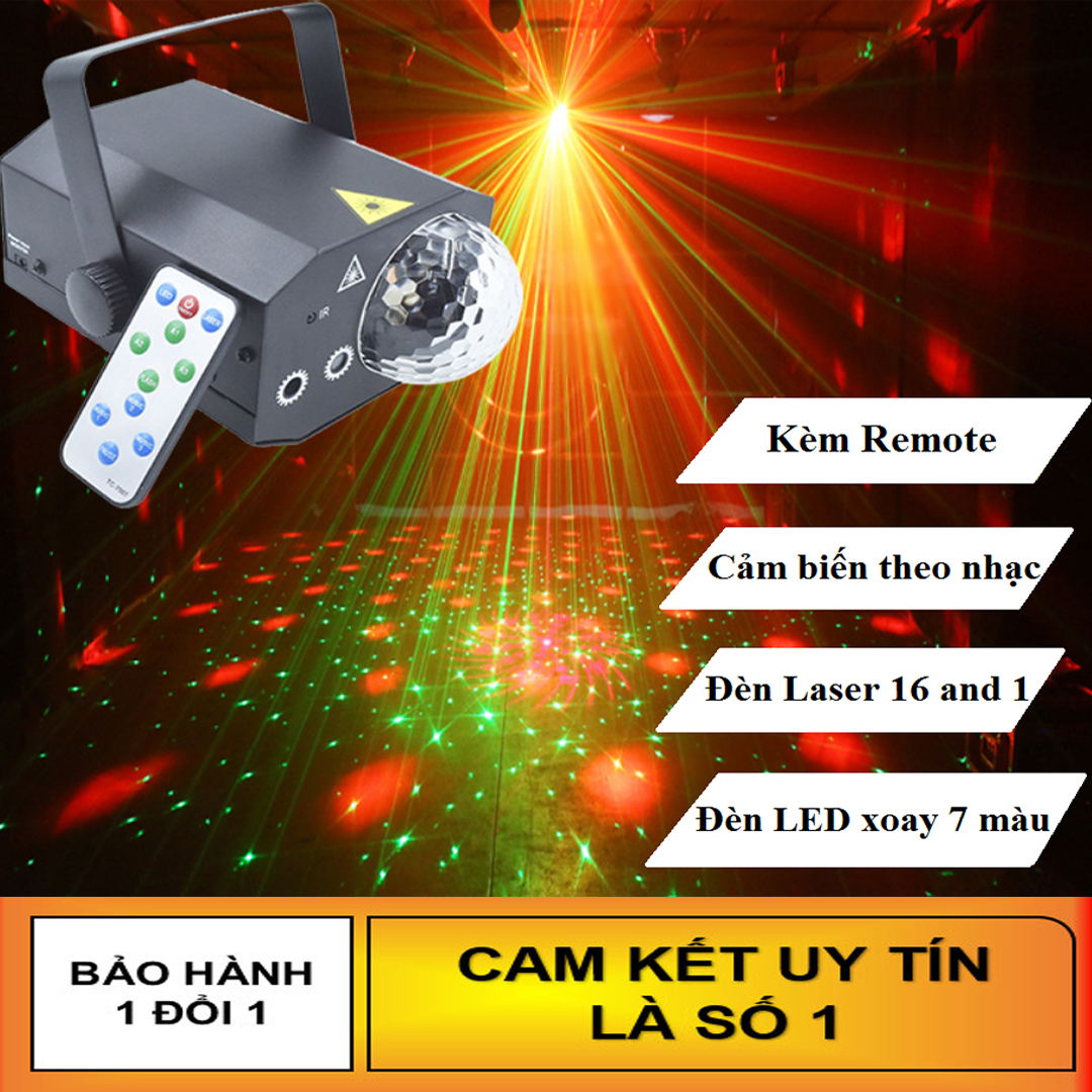 Đèn Laser Sân Khấu cảm biến theo nhạc - Đèn LED xoay 16 trong 1 Kèm Remote