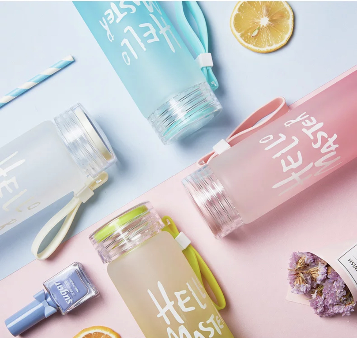 Bình thuỷ tinh hello master có dây xách nhiều màu sắc dung tích 420ml sg-a001