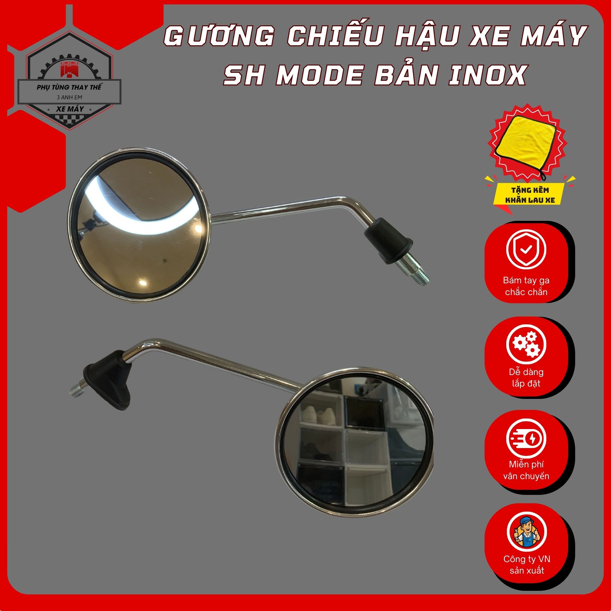 Gương xe máy Sh Mode bản Inox cao cấp tặng kèm ốc nối 45mm , chân 10li gắn mọi dòng xe
