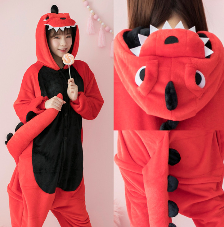 Bộ đồ hình thú khủng long đỏ pijama dành cho người lớn full size