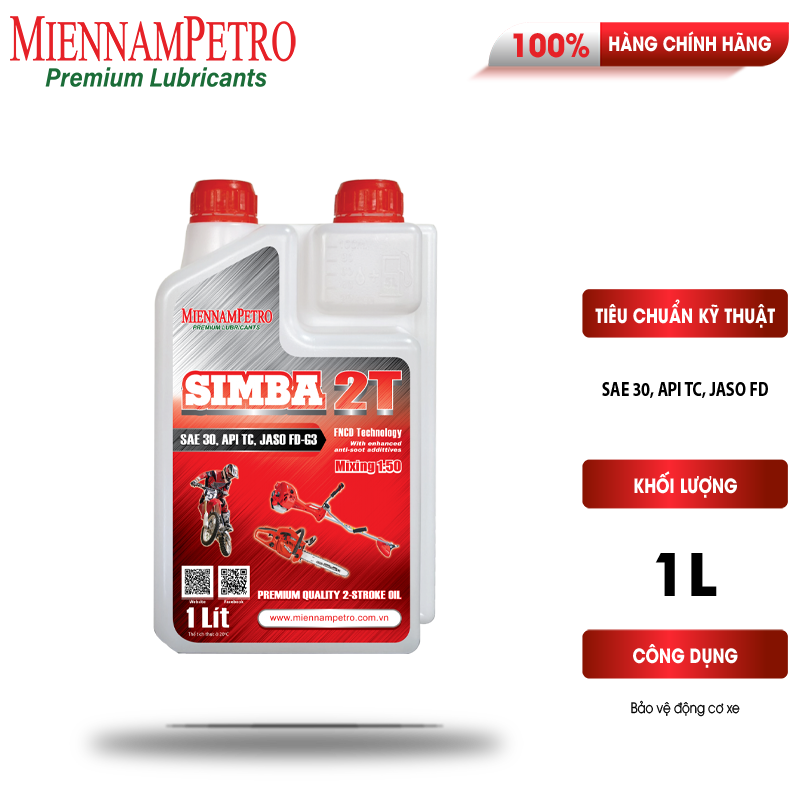 Dầu Nhớt MiennamPetro Simba 2T SAE 30 API TC JASO FB 1L Dành Cho Động Cơ 2 Và Xe Máy 2 Thì Chất Lượng Cao