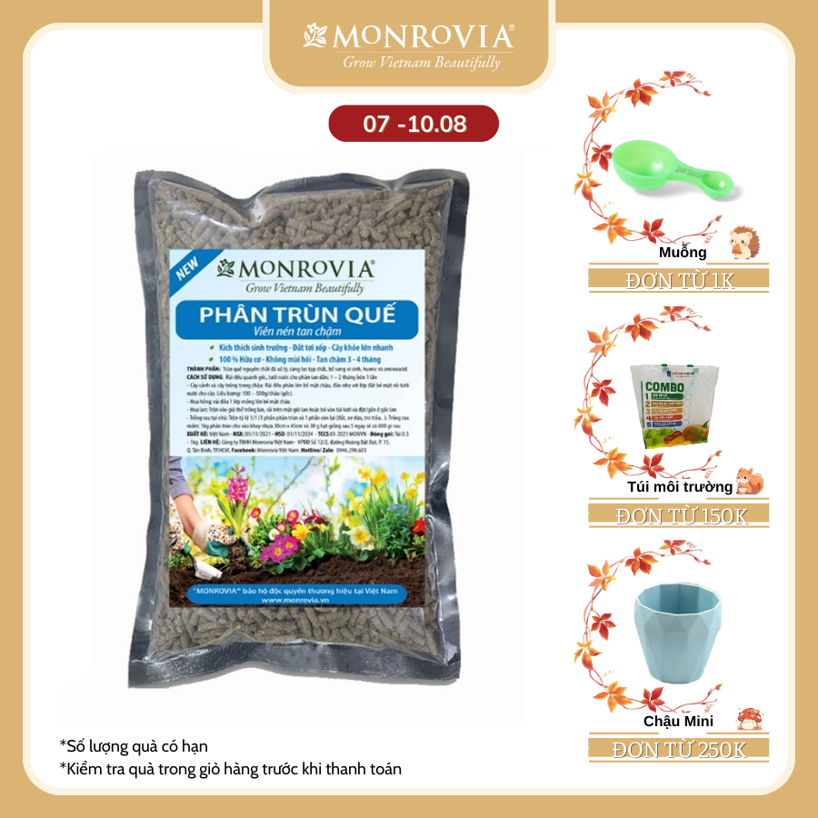 Phân trùn quế nguyên chất MONROVIA, viên nén tan chậm hữu cơ bón cho hoa hồng, lan, cây cảnh, rau củ quả