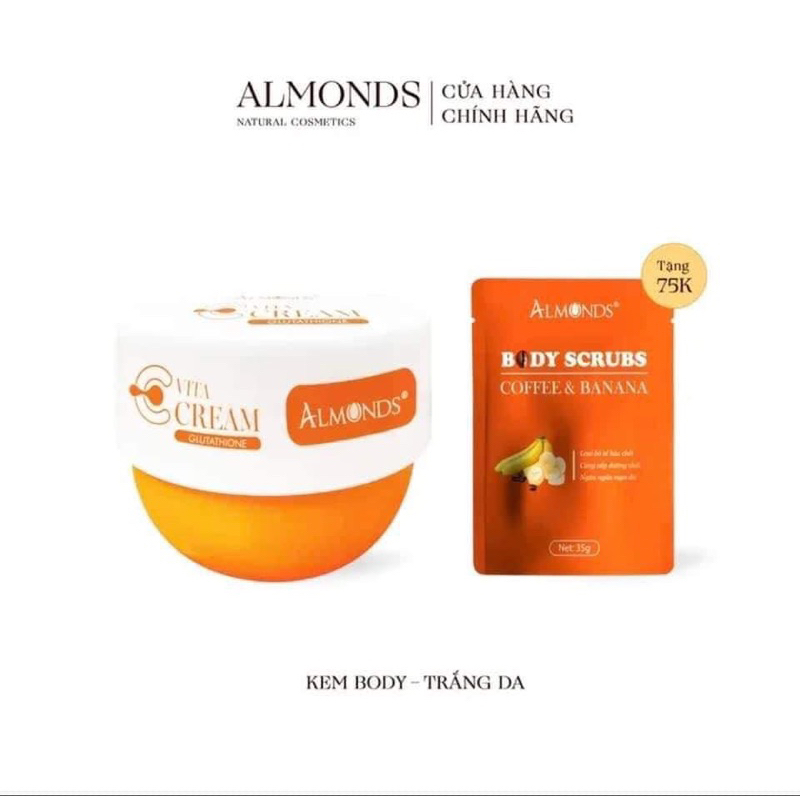 Kem dưỡng trắng body almonds vita c cream tặng 1 tẩy tế bào chuối 🍌 + 🎁