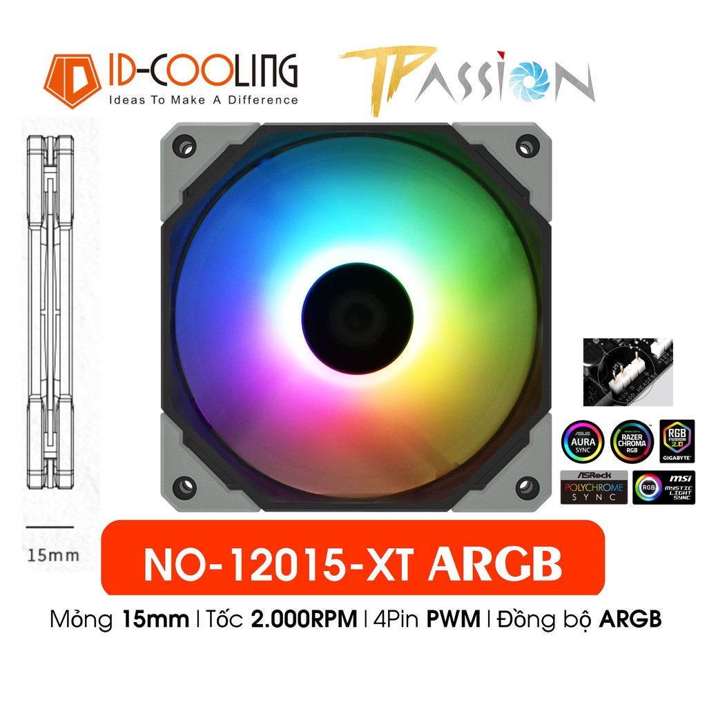 Quạt tản nhiệt fan case 12cm id-cooling no-12015-xt argb - slim fan 15mm tốc 2000rpm điều tốc pwm đồng bộ led argb 5v