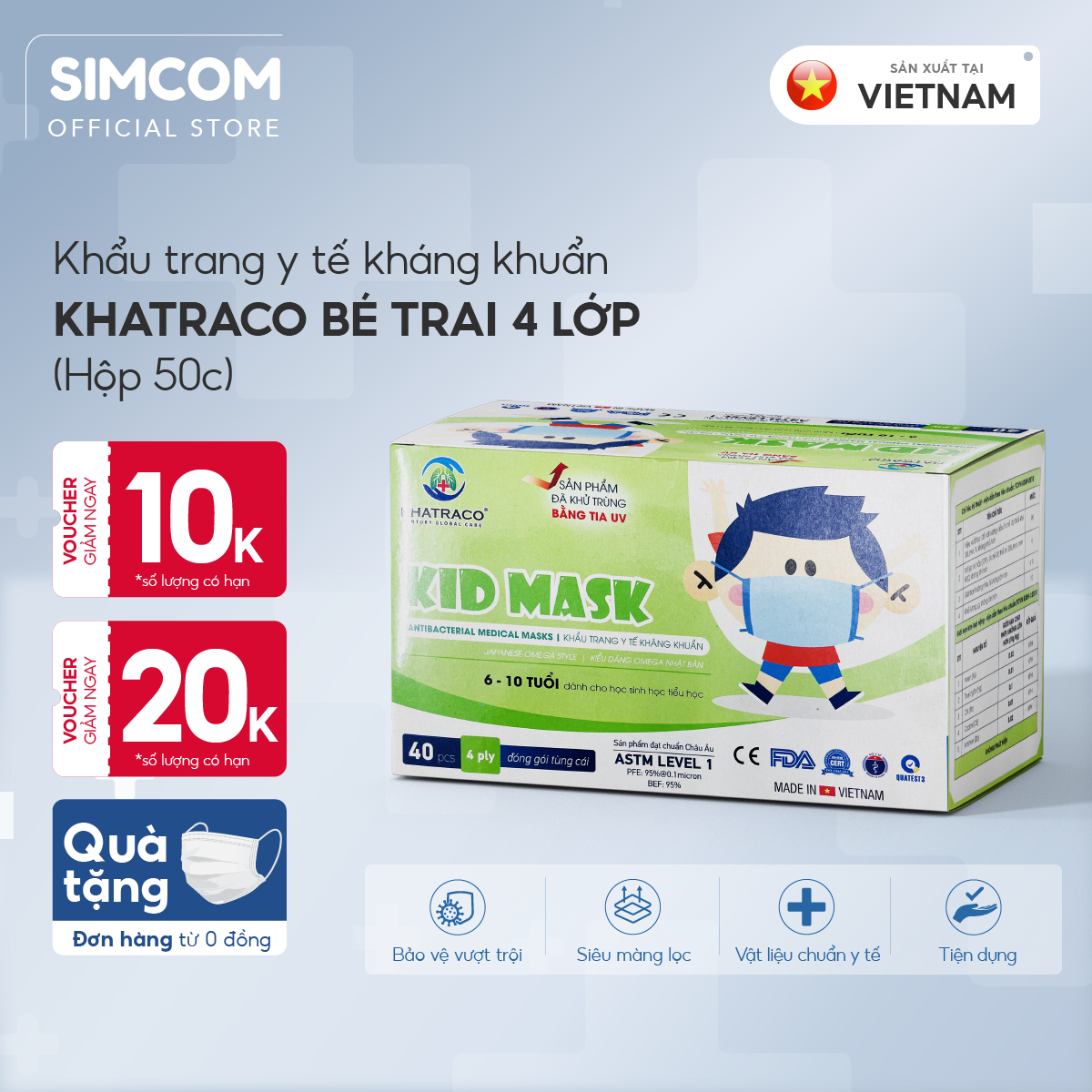 Combo 200 khẩu Trang 4 lớp kháng khuẩn Khatraco hàng chính hãng đạt tiêu chuẩn châu âu, mềm mại, hộp 50 chiếc, tặng quà, Simcom