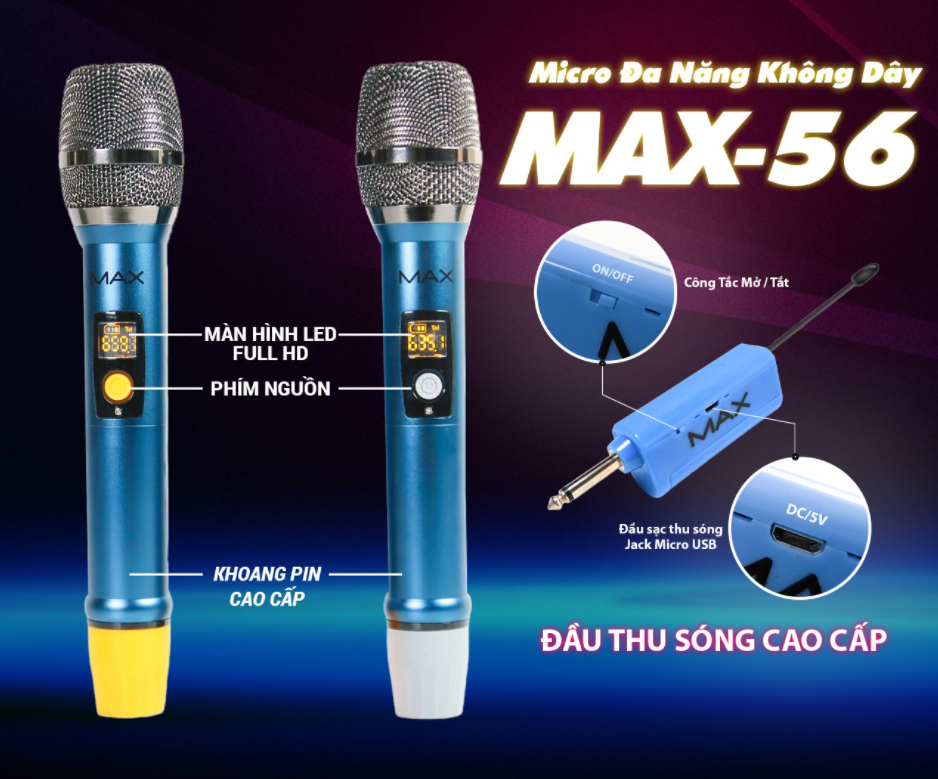 { SALE 50% } Bộ 2 Micro không dây đa năng Max 56, Thu âm tốt chống hú hiệu quả - Sạc pin ngay trên mic - Sử dụng pin sạc dung lượng cao - Màn hình LCD hiển thị tần số, Phù hợp mọi thiết bị
