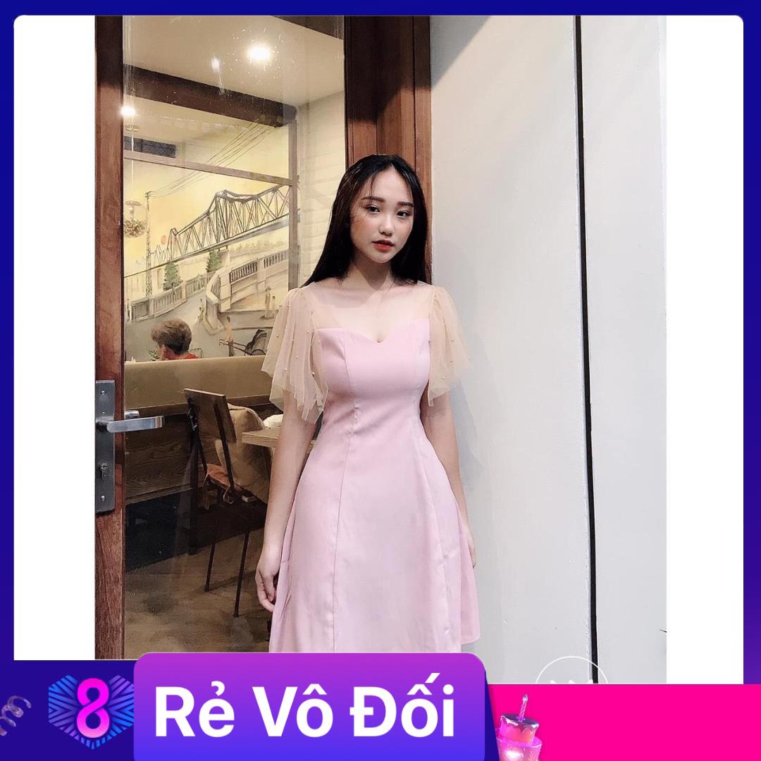 Đầm nữ dáng xòe đi tiệc chất umi tay phối lưới freesize 2 màu hồng đỏ
