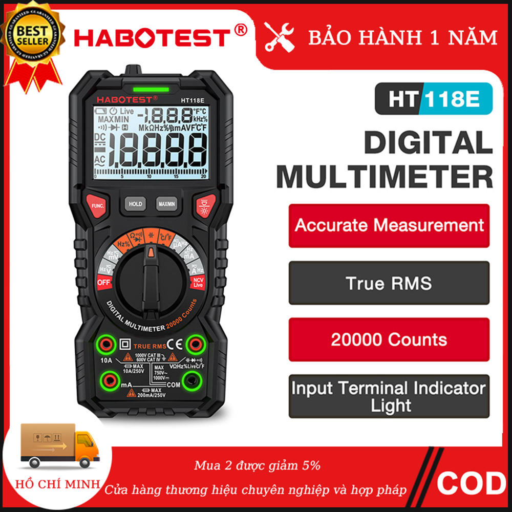 【Ship from Binh Duong HABOTEST HT118 True RMS Digital Multimeter AC DC Voltage Ammeter 1000V 10A Ohmmeter Hz NCV Continuity Battery Tester 6000 Counts