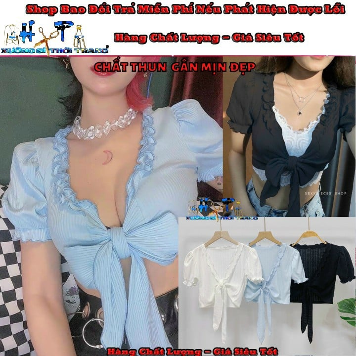 Áo thun gân croptop thắt nơ mới thời trang nữ -A41
