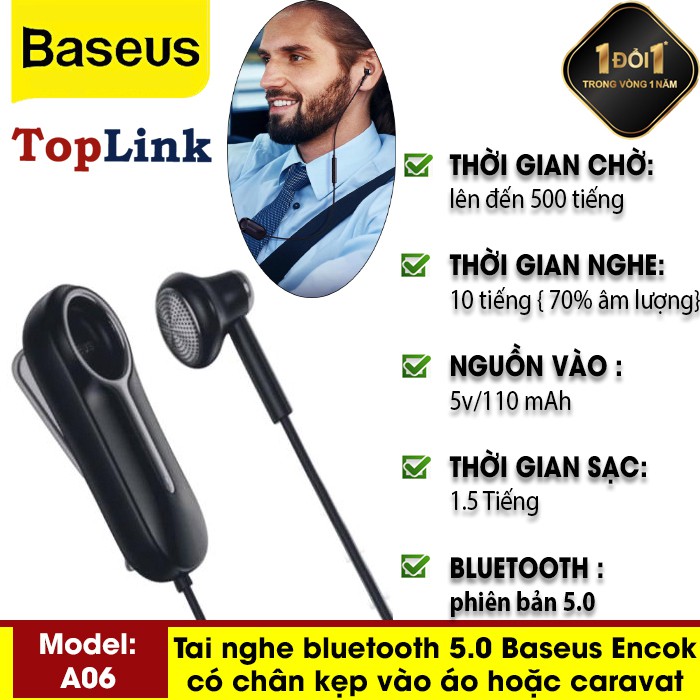 Tai nghe nhét tai bluetooth 5.0 baseus encok a06 có chân kẹp vào áo hoặc caravat, có mic cho iphone xiaomi - thương hiệu baseus - phân phối bởi toplink