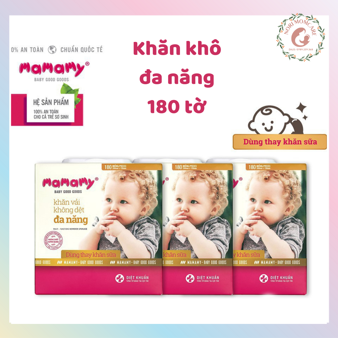 Khăn khô đa năng Mamamy, dùng thay khăn sữa, không chứa huỳnh quang, hộp 180 tờ, an toàn cho trẻ sơ sinh