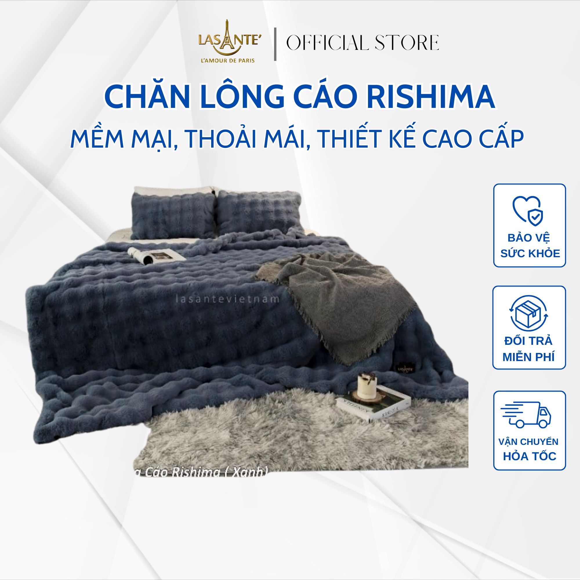 Chăn lông cáo Rishima Pháp LASANTE, chất liệu mềm mại cực kì ấm áp, thiết kế cao cấp hiện đại cho căn phòng ngủ