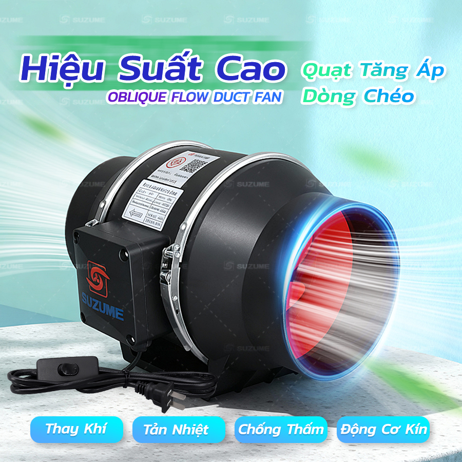 Quạt Thông Gió Dạng Ống Nghiêng - Dây Điện 2m Có Công Tắc | Lưu Lượng Gió Cao, Lắp Phòng Tắm/Nhà Bếp -「SUZUME」