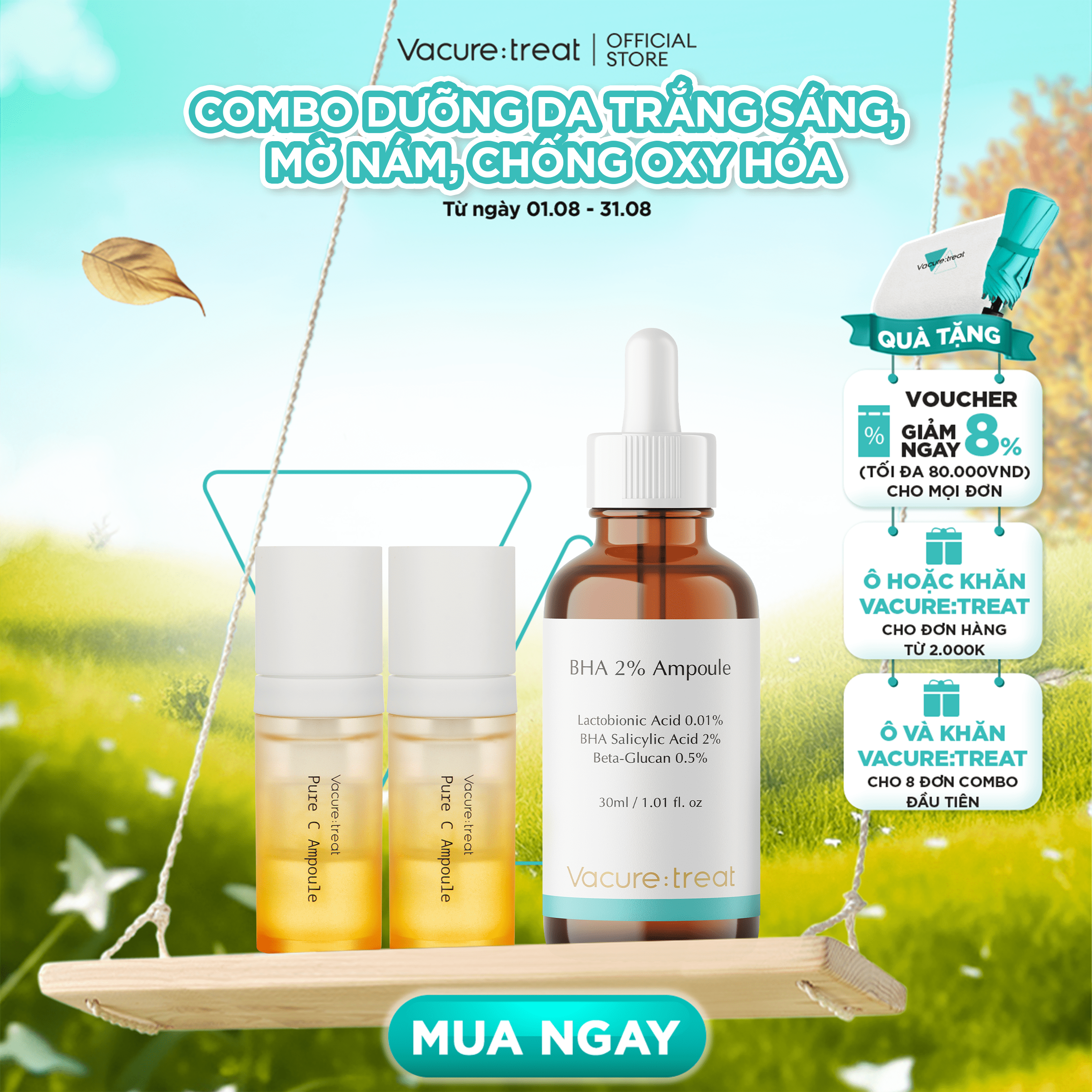 Combo dưỡng da trắng sáng, mờ nám bha 2% & pure c ampoule
