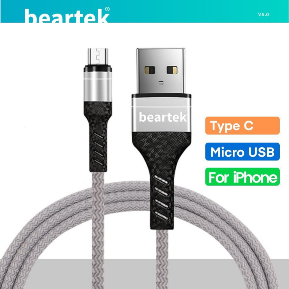 Dây cáp sạc micro usb beartek 0.9m 2.0a – dây dù chống đứt, chống rối – hàng nhập khẩu