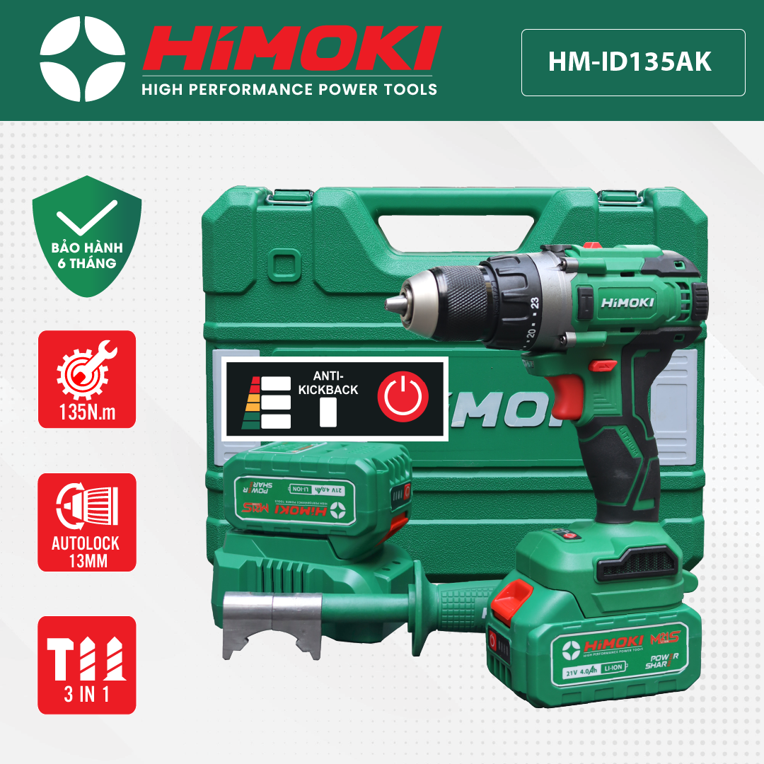 Máy khoan pin Himoki HM135AK Đầu Cặp Có Chìa Khóa 13mm Không Chổi Than Chân Pin 10cell Phổ Thông Bảo Hành 12 Tháng