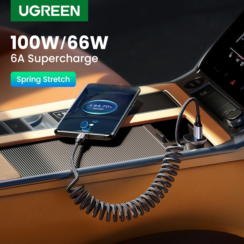UGREEN 100W 1.5m 6A Spring USB Type C Cable  for Car Styling Storage Flexible 2A Charging Cable USB C for Samsung S23 S22 Xiaomi 11t 12t redmi Huawei Type-C Device Model: 90790