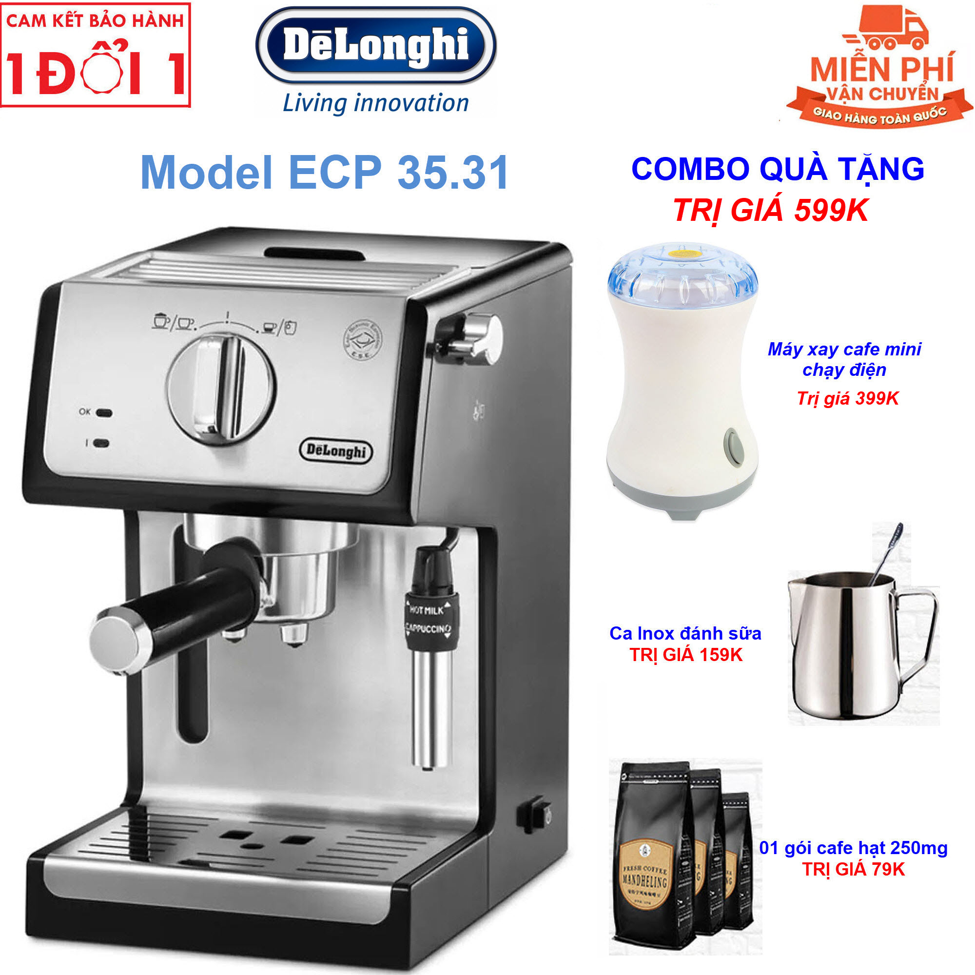[Trả góp 0%]QÙA TẶNG TRỊ GIÁ 599K - MÁY PHA CÀ PHÊ CAPPUCCHINO ESPRESSO DELONGHI ECP31.21 ECP35.31 ECP36.31 - Thiết kế cao cấp - Tích hợp hệ thống vòi hơi - Hệ thống kiểm soát nhiệt riêng biệt hiện đại - Hàng Nhập Khẩu