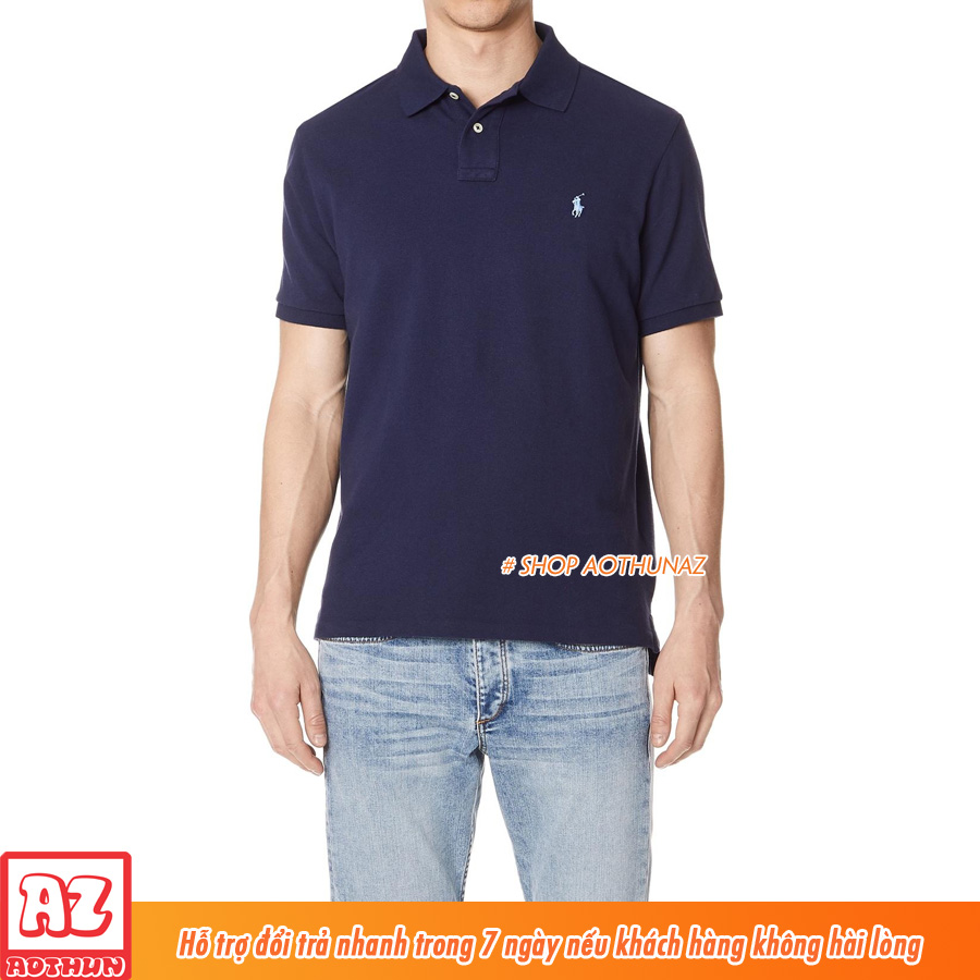 Áo thun Nam màu xanh đen có cổ trụ polo logo thêu - Vải cá sấu cao cấp MT498