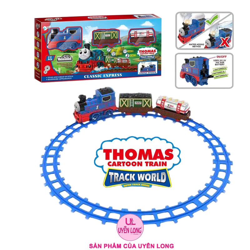Đồ chơi tàu hỏa đường ray thomas 3 toa 2055-7, đèn nhạc, âm thanh, khói mô phỏng, đường ray to dễ lắp ráp