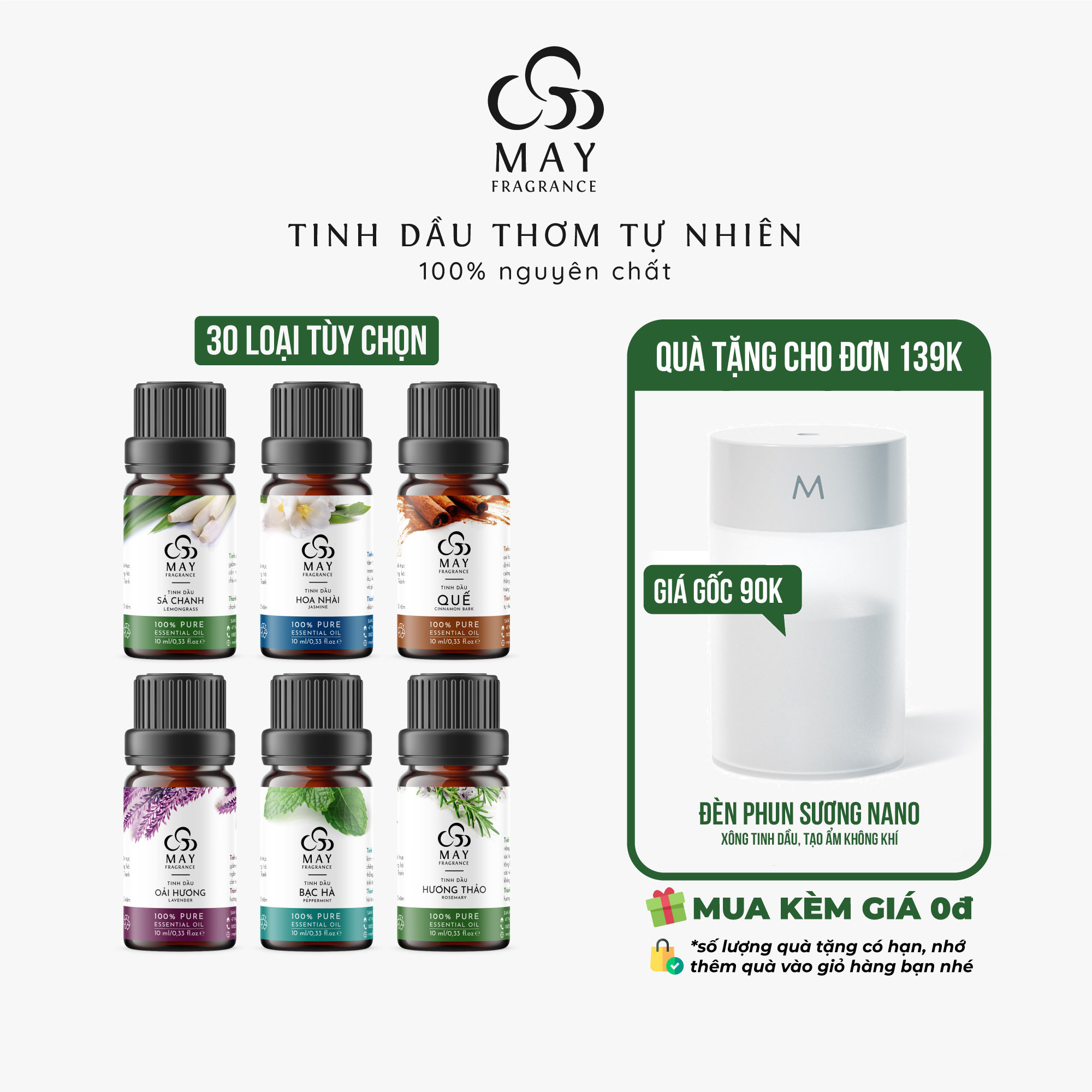 Tinh dầu thiên nhiên thơm phòng May Fragrance lọ 10ml | Chuẩn USDA - Kiểm nghiệm GC-MS