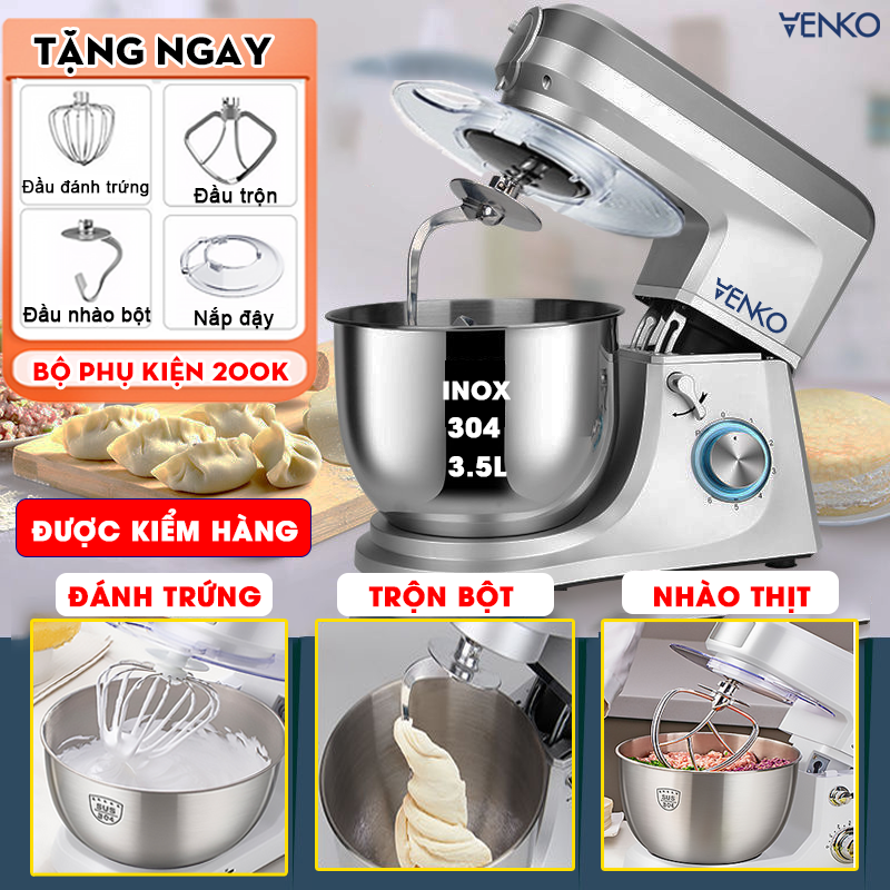 [ Bảo hành chính hãng 12 tháng ] Máy nhào bột Venko tặng 3 phụ kiện - Máy đánh trứng cỡ lớn đa năng - Máy trộn salad, thực phẩm - bát inox 3.5lít - Máy làm bánh 3 trong 1 tự động