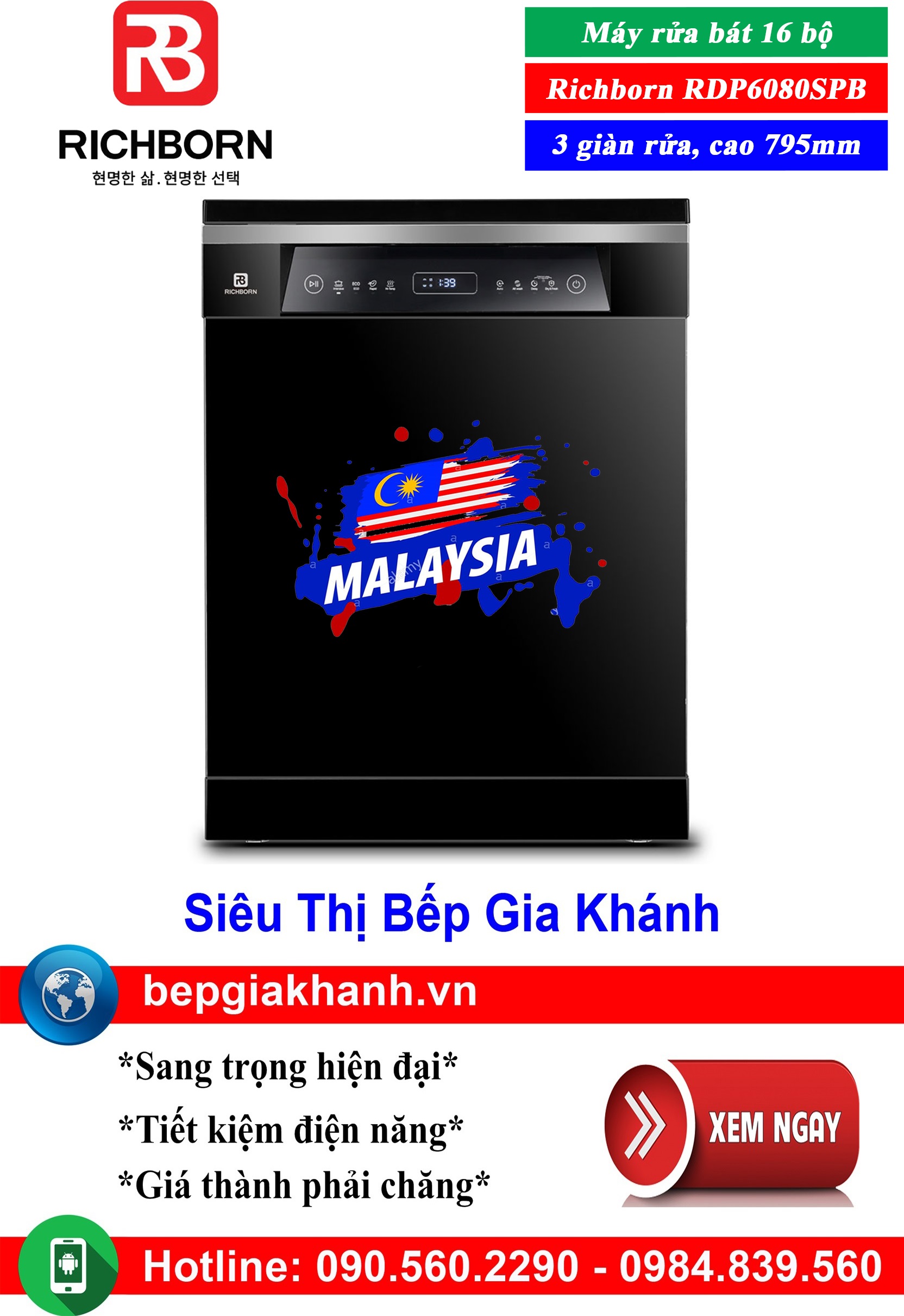 Cao 795mm | máy rửa bát 16 bộ richborn rdp6080spb nhập khẩu malaysia | màu đen | 3 giàn rửa | diệt khuẩn uv