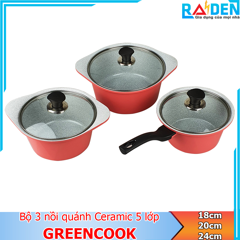 Bộ 3 nồi quánh đúc ceramic chống dính 5 lớp, đáy từ greencook gcs02-18ih size 18cm / gcs02-20ih size 20cm / gcs02-24ih size 24cm