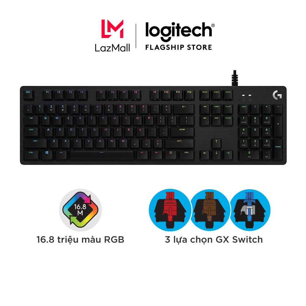 Bàn phím game cơ học Logitech G512 - RGB Lightsync, 3 loại GX Switch, vật liệu cải tiến, cổng USB 2.0