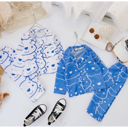Đồ bộ dài tay trẻ em - bộ dài tay pyjama gấu trắng xanh cho bé qate827