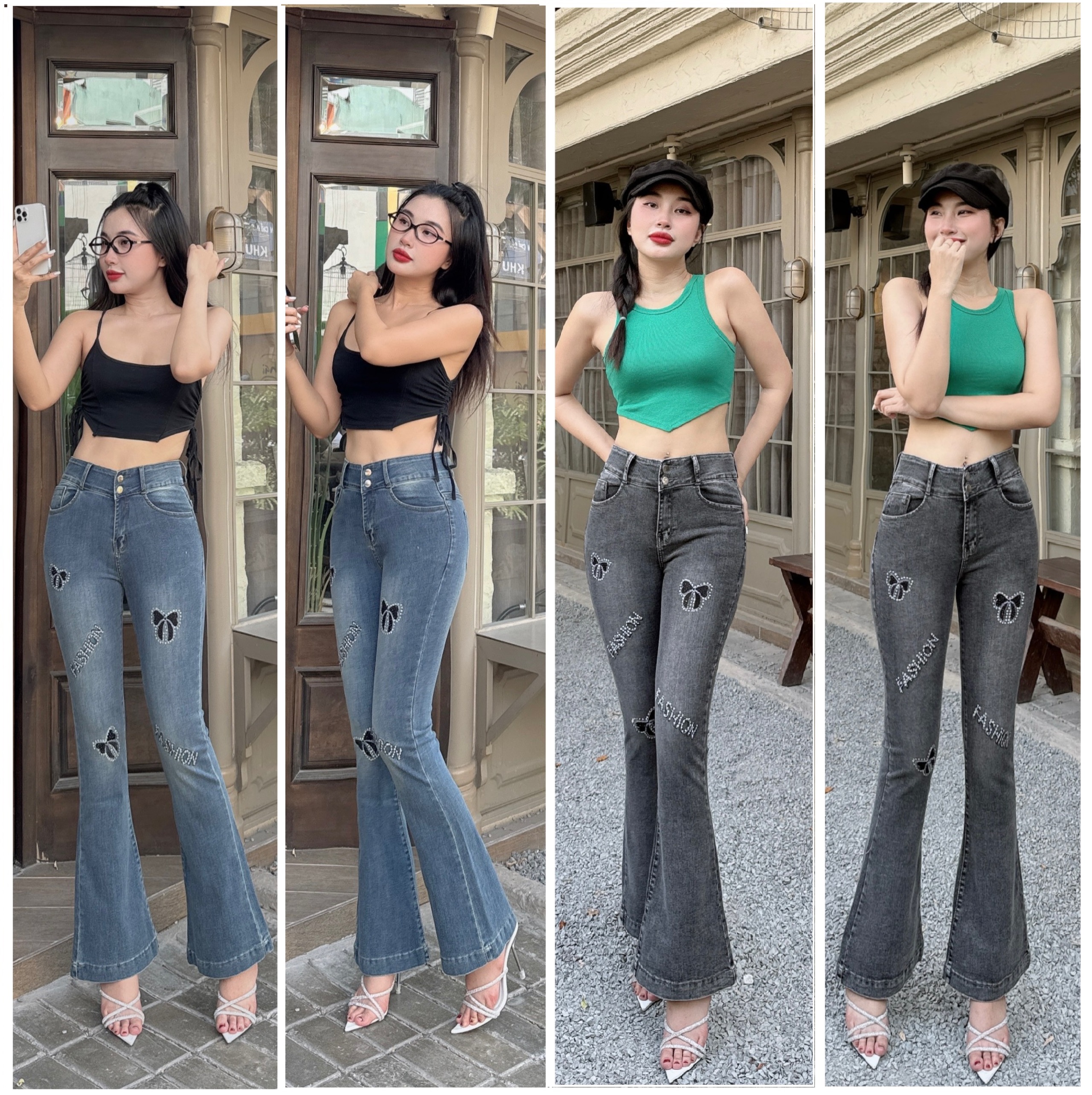 Quần jean nữ óng loe thêu nơ có 2 màu