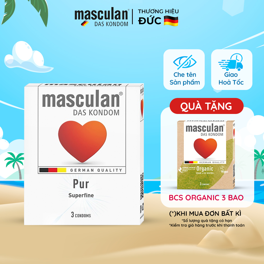 Bao cao su Masculan Pur Superfine siêu mỏng không mùi cao su - Bao cao su tiêu chuẩn Đức, Che tên sản phẩm khi giao hàng
