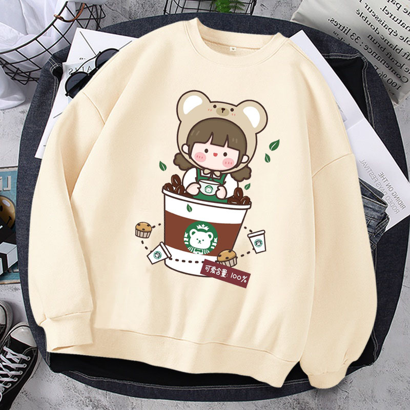 ● Áo Sweater Unisex Nam Nữ Form Rộng Bo Dệt Tay Gấu Chất Nỉ Bông Cotton Dày Dặn In Hoạt Hình In Hoạt Hình 3D Bé Cà Phe