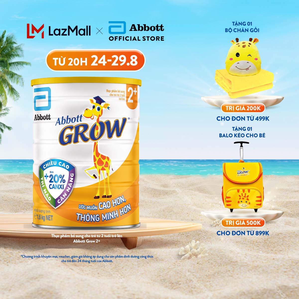 (CHỈ 20H 24-29.8 TẶNG QUÀ CHO ĐH TỪ 499K-SLCH) Sữa bột Abbott Grow 2+ Hương Vani 1.6kg
