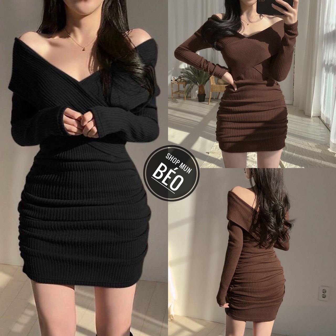 [MẪU MỚI] Đầm Body Hở Vai Tay Dài Cổ V Chất Thun Gân Thích Hợp Mặc Đi Tiệc Đi Làm Đi Chơi