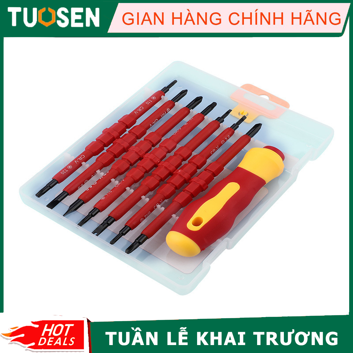 Bộ 8 tô vít 2 đầu đặc biệt: tô vít chữ thập, tô vít 4 cạnh, tô vít chữ u, tô vít tam giác 3 cạnh...; có từ tính mạnh với chất liệu thép cr-v tuosen
